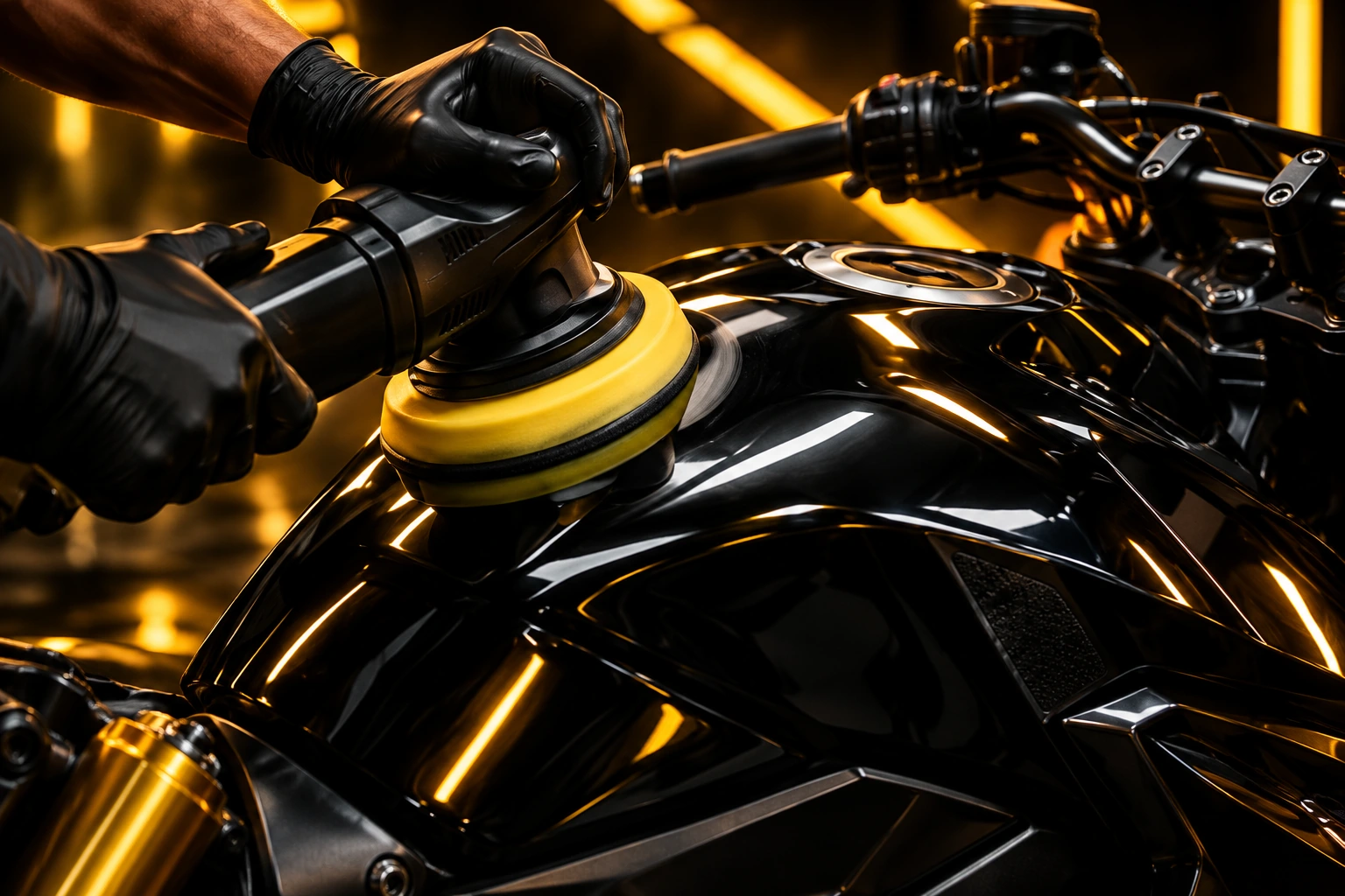 A detailer machine polishes a glossy black motorcycle fuel tank